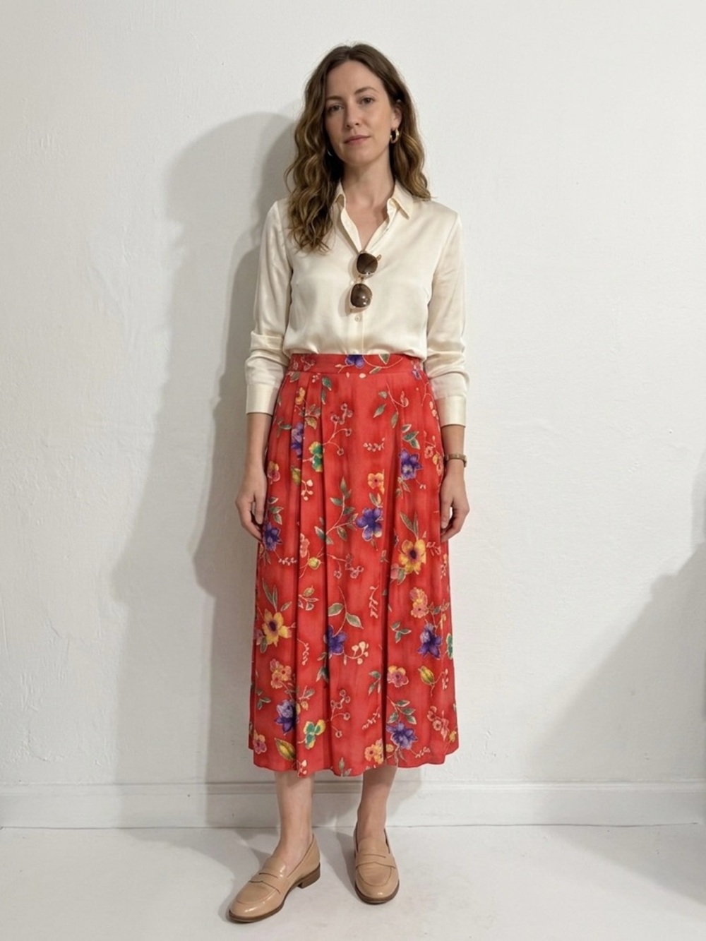 New! Vintage Jaclyn Smith Floral Pleated Midi Skirt in Red size medium